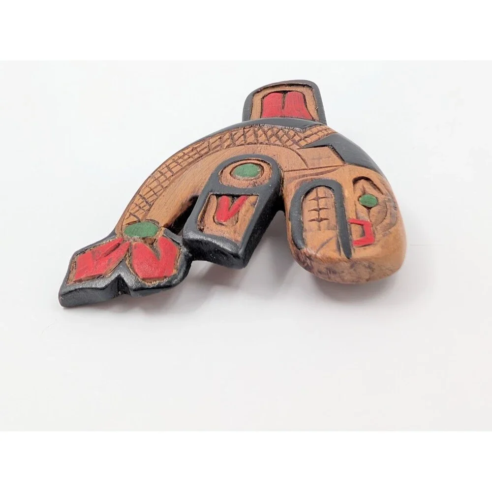 Artie George Signed Killer Whale Brooch Carved Yellow Cedar Salish First Nations